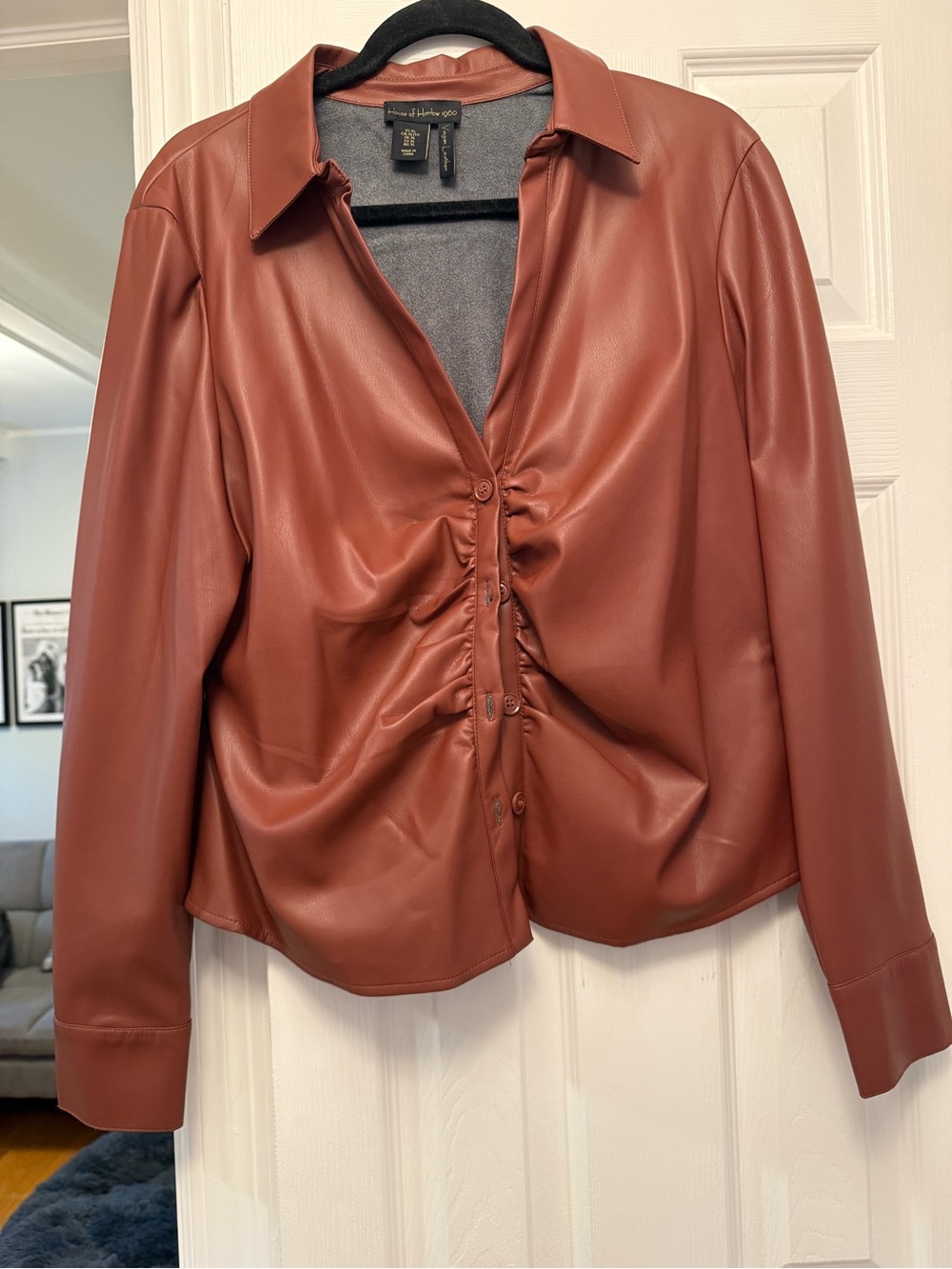 House of Harlow 1960 Rust Faux Leather Ruched Blouse